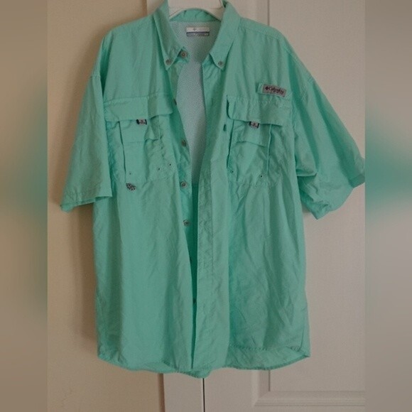 COLUMBIA BAHAMA II FISHING SHIRT SHORT SLEEVE in turquoise light blue size M - Picture 1 of 12